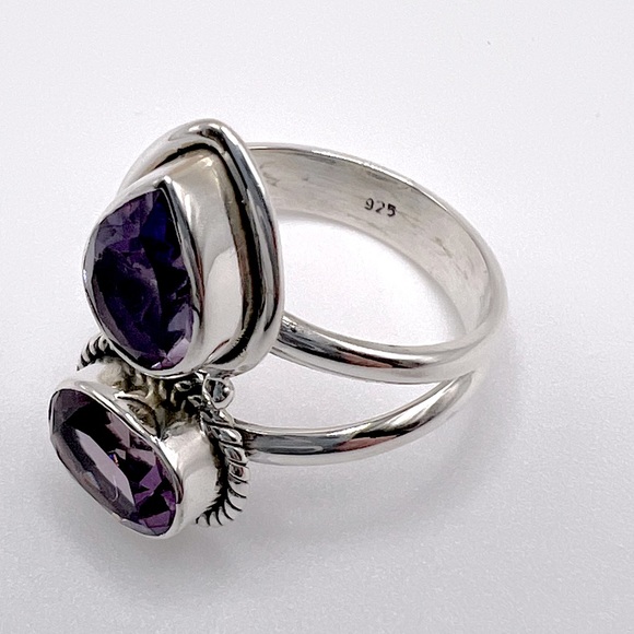 Genuine Faceted Amethyst Oval & Tear Drop .925 Sterling Silver Ring - Picture 9 of 17